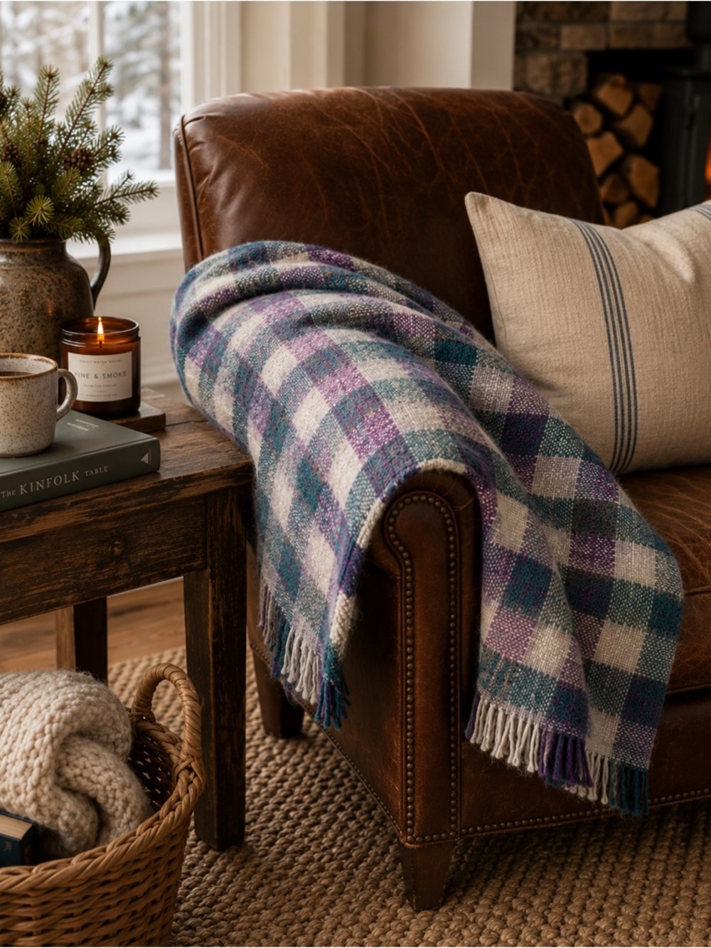 Wool Throw Blanket Purple Teal Cream Plaid Fringe Cabin Cottage 48x60 Vintage